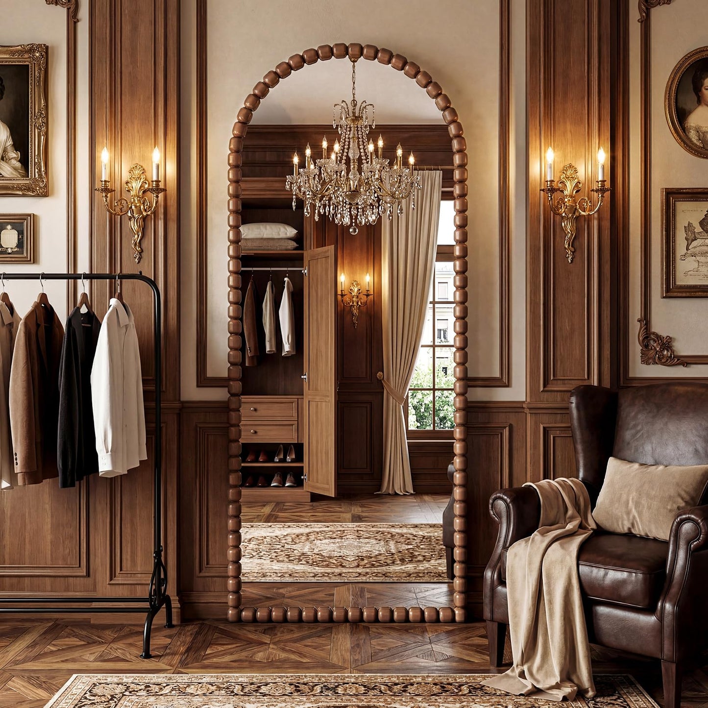 FlyEcho Arched Full Length Mirror, 71"x28" Antique Beaded Full Body Mirrors, Large Floor Mirror with Stand, Hanging Mounted for Bedroom Living Room Cloakroom Hallway Decor, PU Frame, Brown