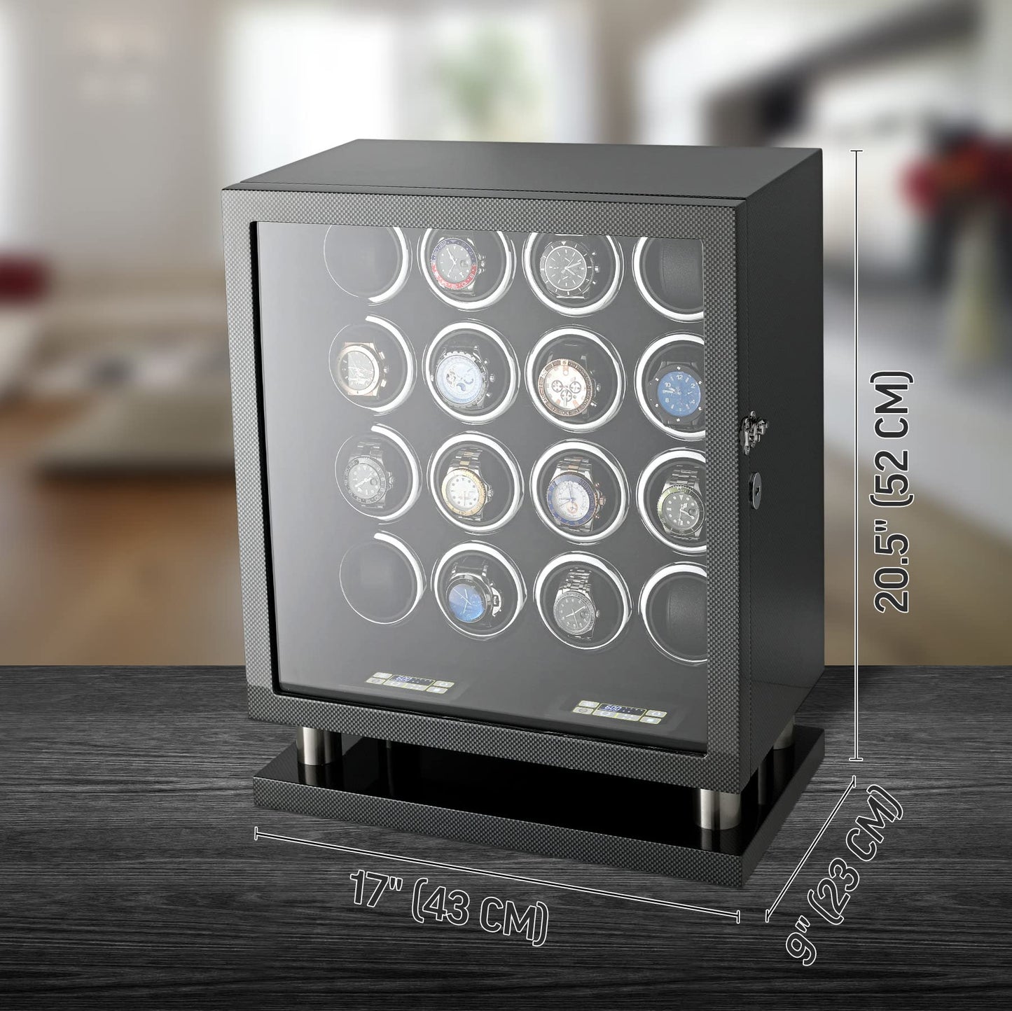 16 Watch Winder for Automatic Watches with LED Light and Coordinated Rotor Stop (Carbon)