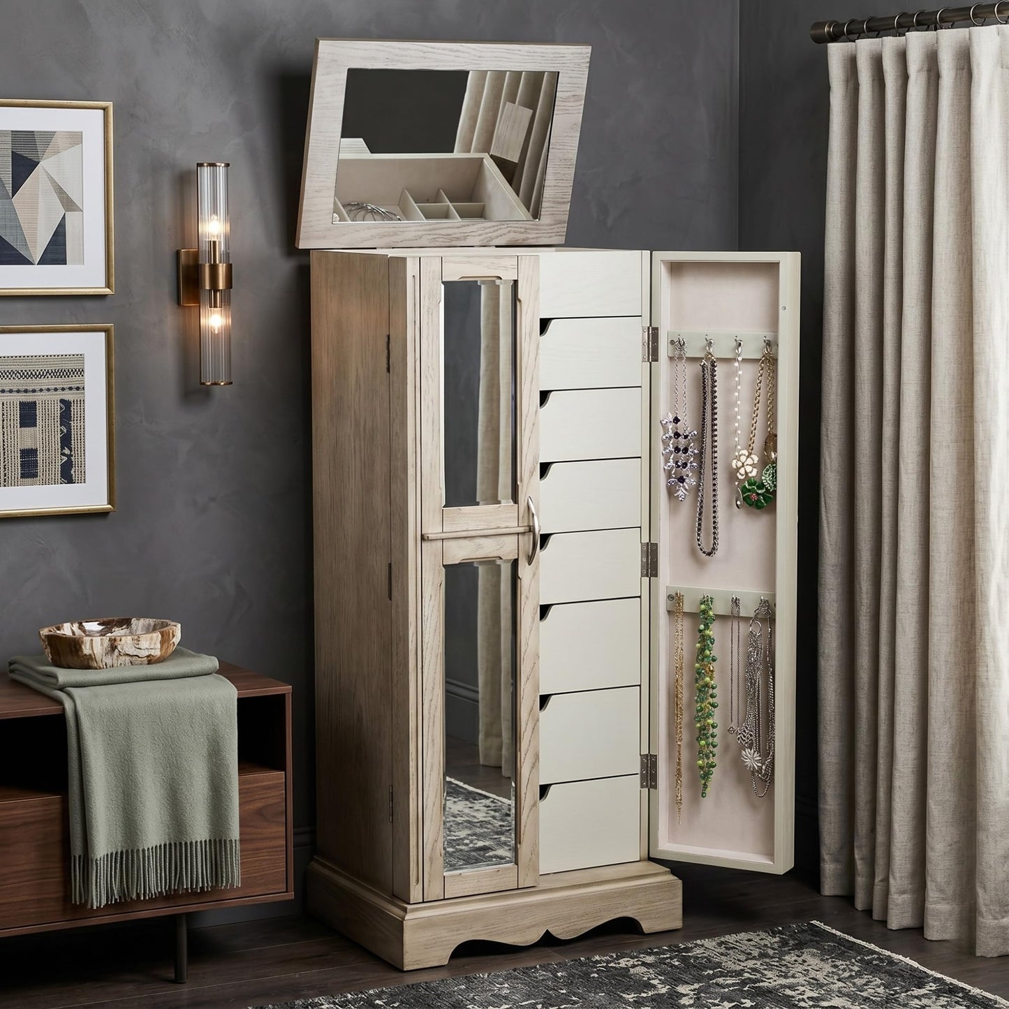 Hives & Honey Meadow Standing Jewelry Armoire Cabinet, Jewelry Storage Organizer with Top Flip Mirror, 2 Doors, 7 Drawers, Jewelry Chest, Jewelry Box for Necklace, Earring, Bracelet, Taupe