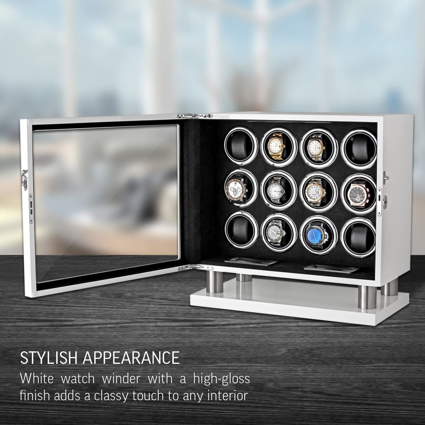 12 Watch Winder for Automatic Watches with LED Light and LCD Touchscreen Control (White)