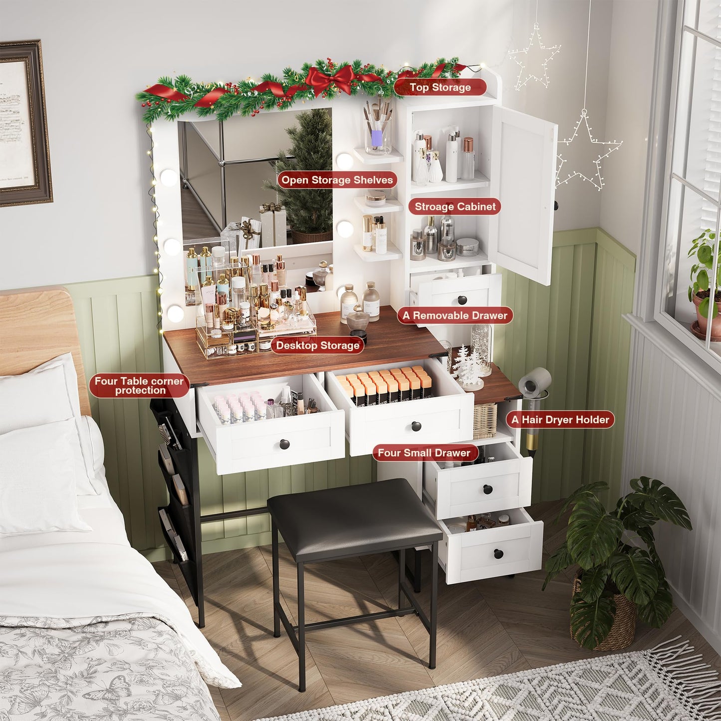 NUNU LAB Large Vanity Desk with Mirror and Lights with 5 Drawers, Women Makeup Table with Power Outlet, 3-Color Adjustable Lighting for Bedroom Brown (006 White & Brown, 39.37 * 17.75 * 58.27in)