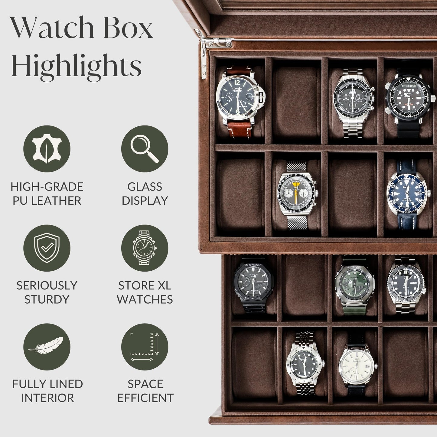 TAWBURY 24 Slot Watch Box for Men - Extra Large Watch Case with Double-Layer Design for Optimized Storage | Removable Drawer for Easy Handling (Brown)