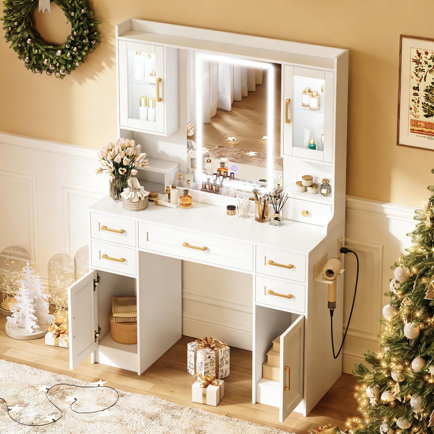 KAMABOKO Vanity Desk with Mirror and LED Lights & Power Outlet, Large Makeup Vanity Table with 5 Drawers and 4 Storage Cabinets, White Dressing Table for Bedroom
