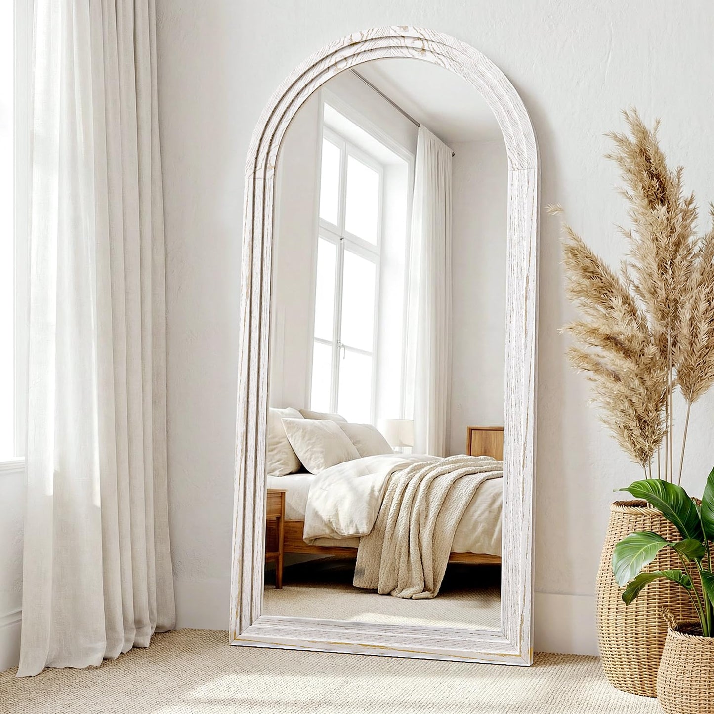 WISSMIELS 30"x71" Full Length Mirror Solid Wood Frame, Arched Floor Mirror Full Length with Stand, Room Decor Big Full Body Mirror with HD Tempered Glass for Bedroom, Living Room, White