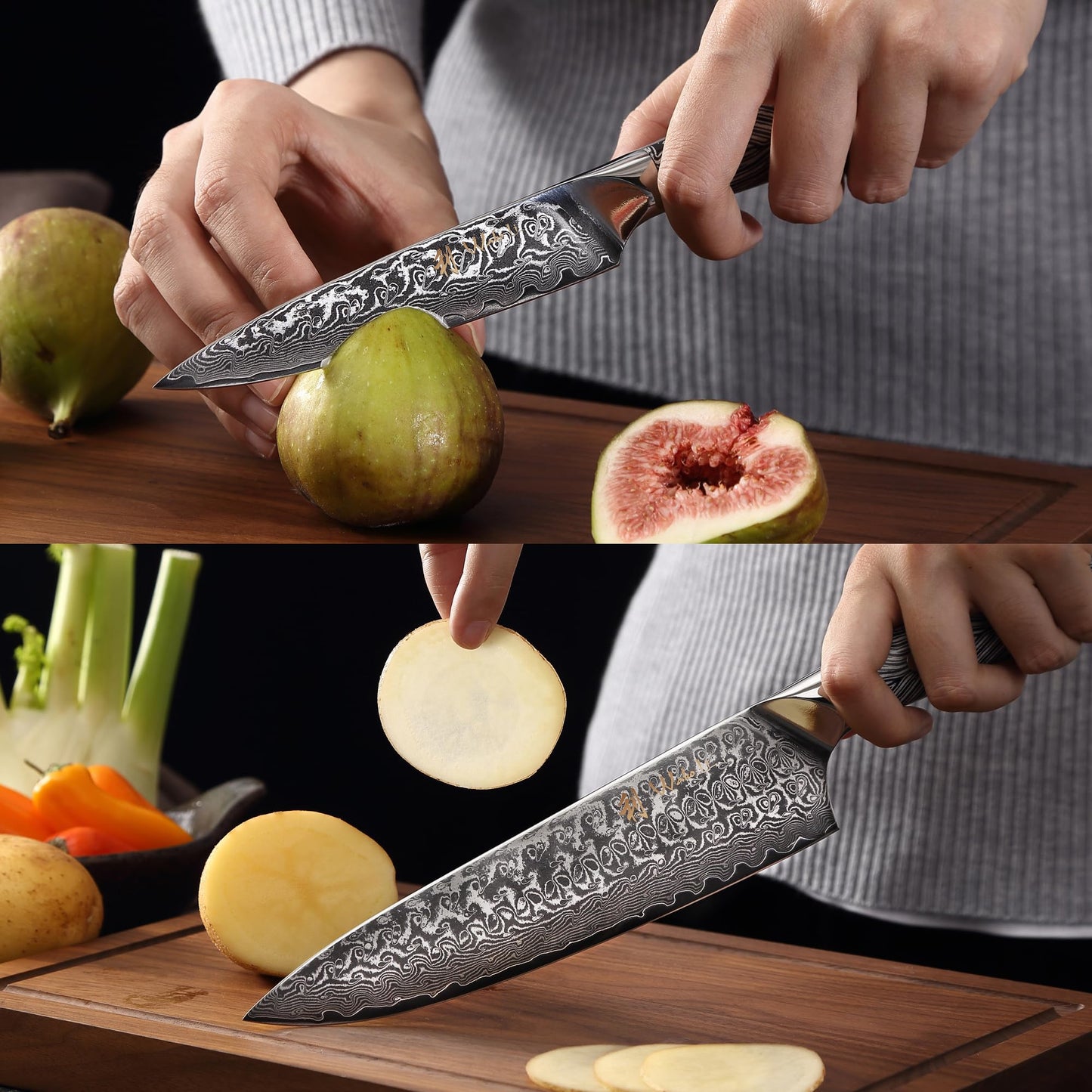 Wakoli Noir Blanc Damascus Knife Block Set – 5-Piece Professional Chef Knife Collection with Magnetic Block – Kitchen Knives made of 67-Layer Damascus Steel Blades & Ergonomic G10 Handles in Gift Box