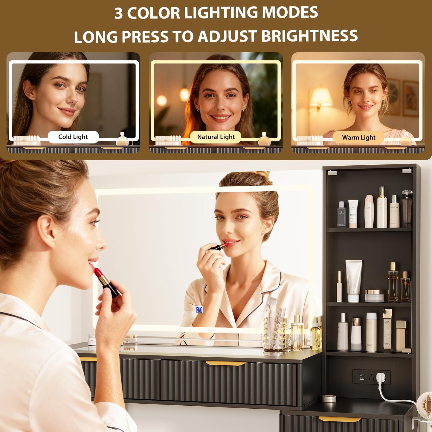 GarveeHome Fluted Makeup Vanity Desk with Lights, 48" Big Vanity with Glass Top and Large 36" HD Lighted Mirror, Modern Dressing Table with 5 Drawers 3-Tier Shelves Set w/Charging Station
