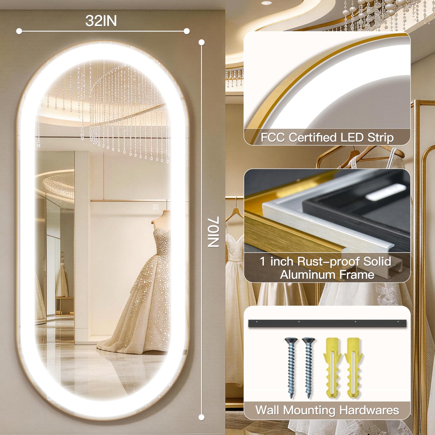 FENNIO 70" x 32" Large Wall Mounted Mirror with LED Lights, Oval Full Length LED Lighted Full Body Dressing Mirror,Salon Mirrors for Hair Stylist,Brushed Aluminum Frame, Tempered Glass(Gold