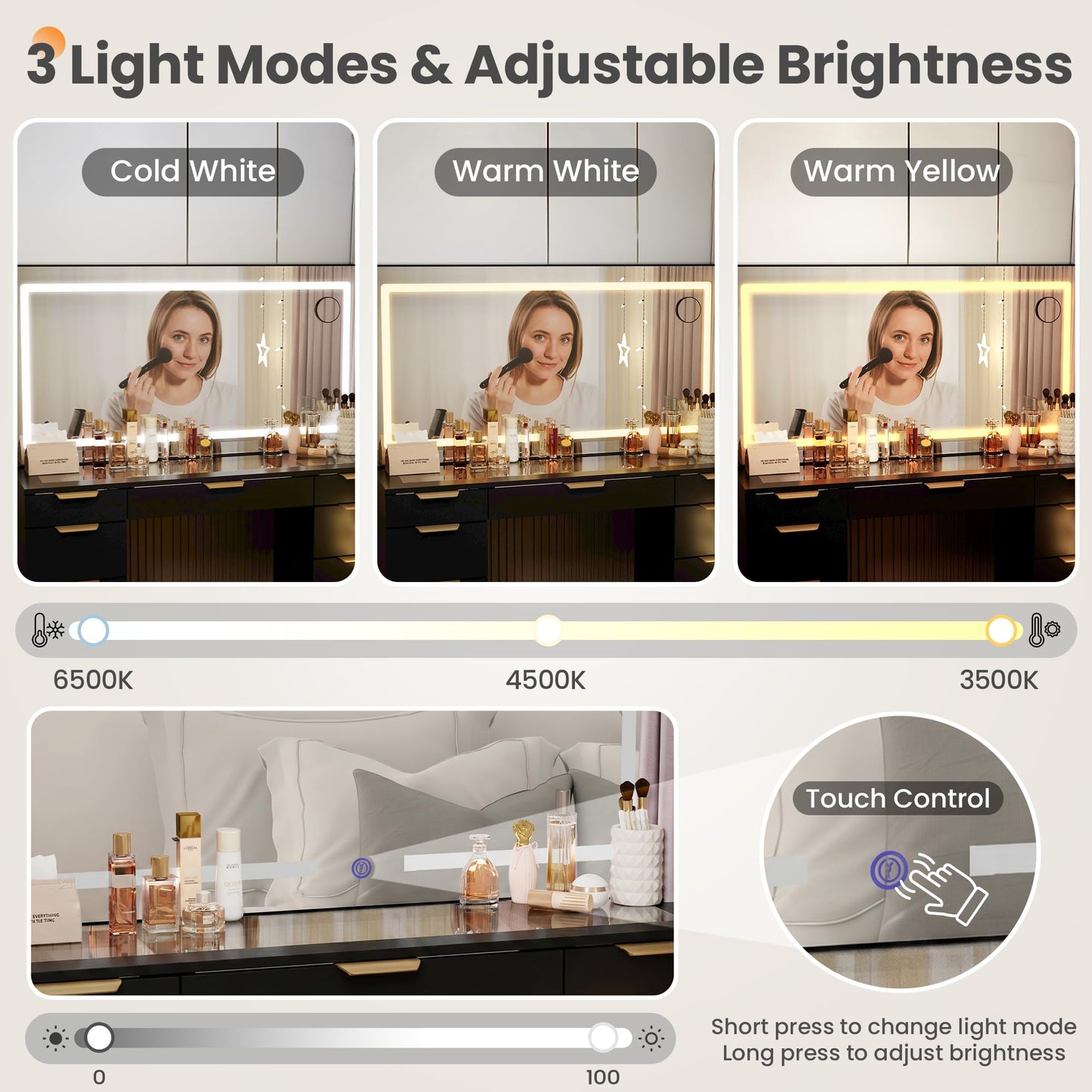 Fkhouse Glass Top Vanity Desk with Mirror and Lights, 11 Drawers Makeup Vanity with Stool, 3 Lighting Modes Dressing Table with Power Outlet, Golden Handles, Black