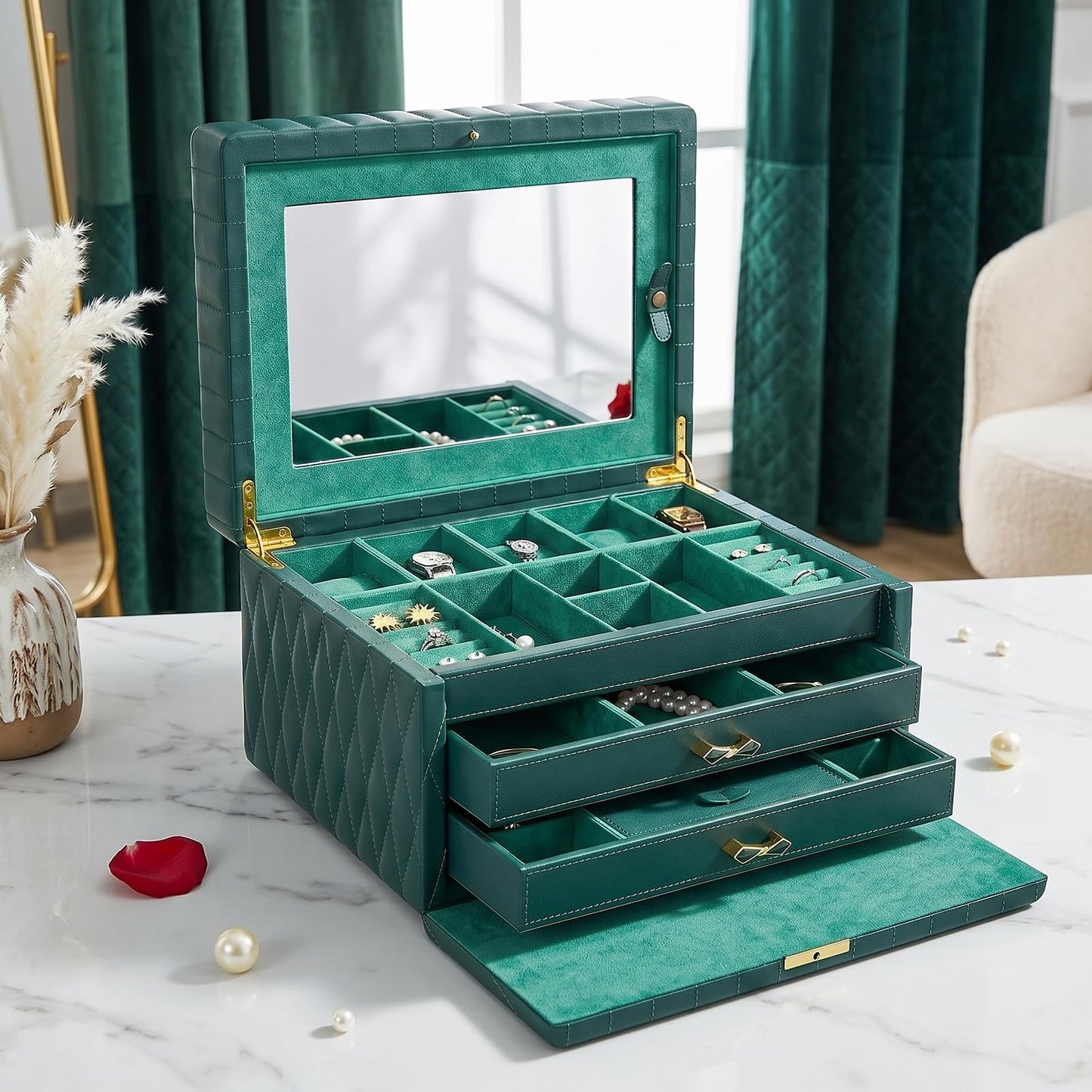 Homruilink Genuine Leather Jewelry Box – 3 Layer Large Jewelry Organizer with Mirror, Lockable Jewelry Box for Women – Necklace, Ring, Earring Organizer with Drawer - Ideal Gift (Green)