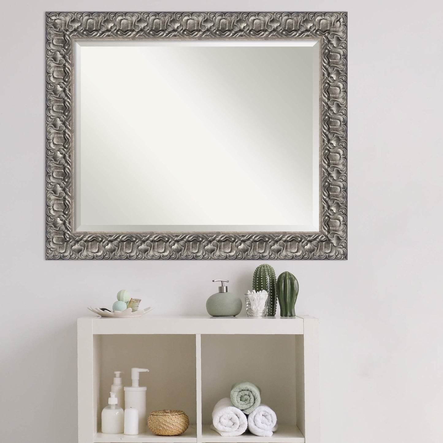 Amanti Art Silver Bathroom Mirror for Over Sink, 28x34 Silver Luxor Rectangle Vanity Mirror, Large Traditional Wood Frame, Hangs Horizonally and Vertically, Bathroom Wall Decor, Beveled Edge