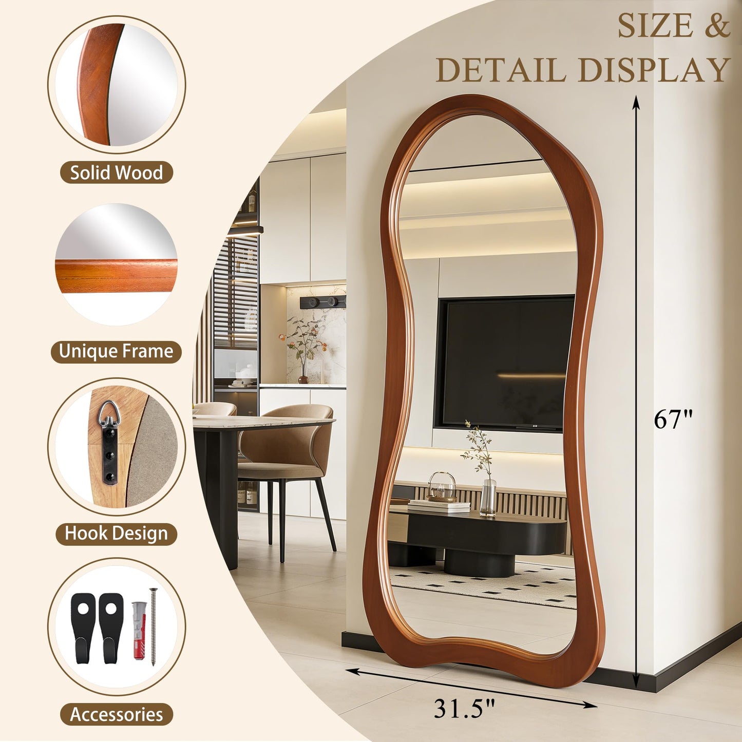 DAOYIJIAJU Large Irregular Mirror, 67"x31.5" Asymmetrical Full Length Mirrors with Solid Wood Frame, Premium Aesthetic Floor Mirror for Living Room Entryway Hallway Bedroom Cloakroom, Leaning/Hanging