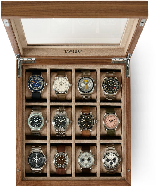 TAWBURY Wooden Watch Case - 12 Slot Wood Watch Box for Men & Women with Glass Display, Protective Fully Lined Interior and 2-inch Wide Pillows for Small & Large Watches (Classic Walnut)