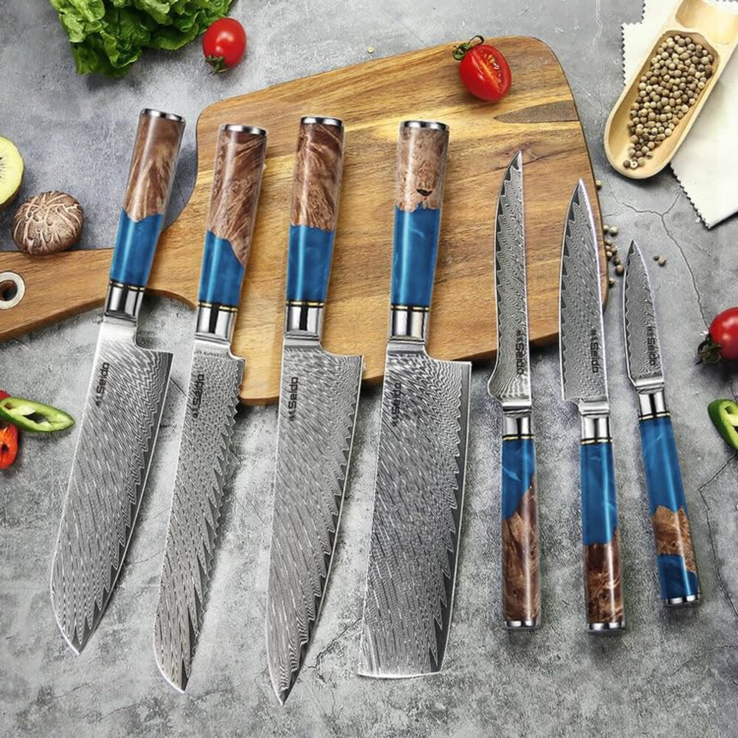 Seido Knives 7-Piece Executive Damascus Steel Knife Set with Japanese VG-10 Super Steel Core - Home Kitchen Knife Set - Professional Design Handle Blue Resin Epoxy and Strong Stabilized Wood