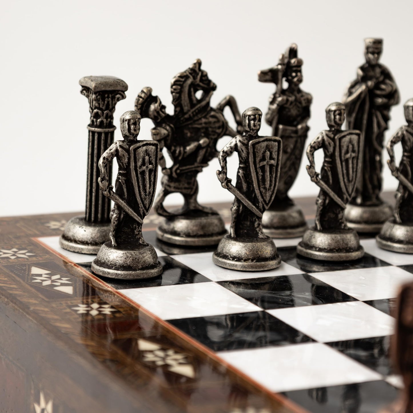 15’’ Handmade Wooden Chess Set with British Army Metal Pieces – Luxury Storage Board – Gift for Adults, Fathers & Collectors, Gift for Him (Black)
