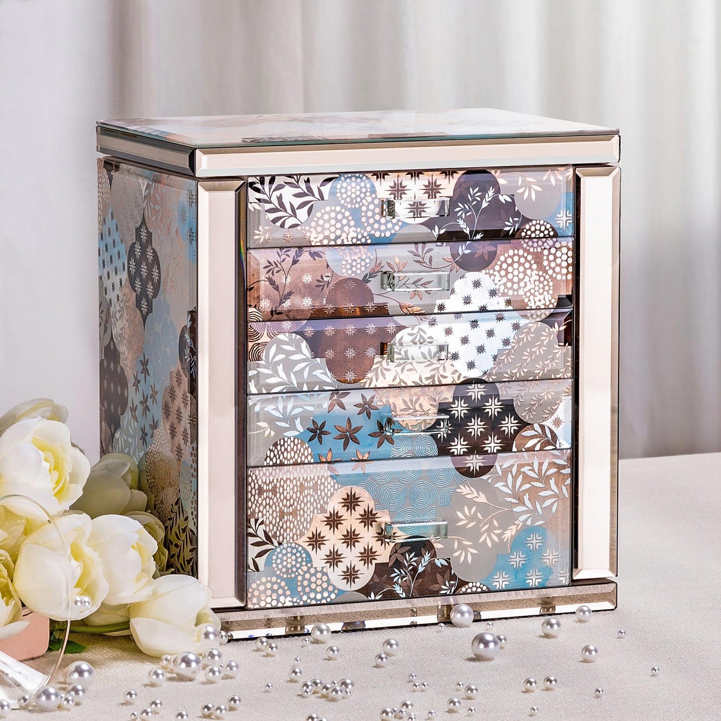 Homruilink High End Glass Jewelry Box, 5 Layer Jewelry Organizer for Women, Side Doors & Mirror, Velvet-Lined Storage for Rings & Necklaces, Ideal Gift (Geometric Floral)