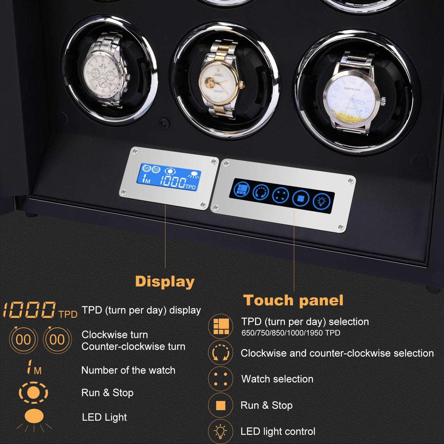 SNEOLTJN Watch Winder for 12 Slots Automatic Watches, Ultra-Quiet Japanese Motors, Built-in LED Illumination and LCD Touchscreen Control