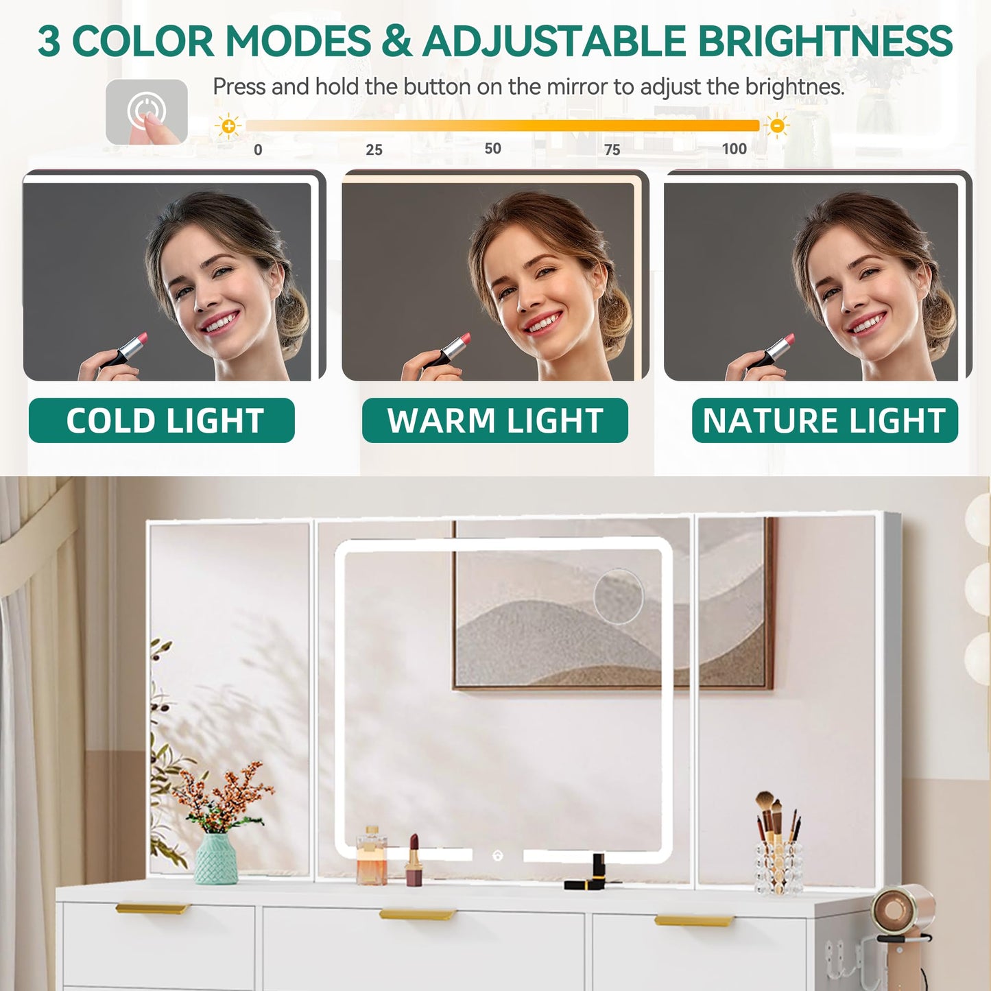 YITAHOME 56" LED Vanity Desk with Tri-Fold Mirror & Lights, RGB Glass Storage, 3 Drawers