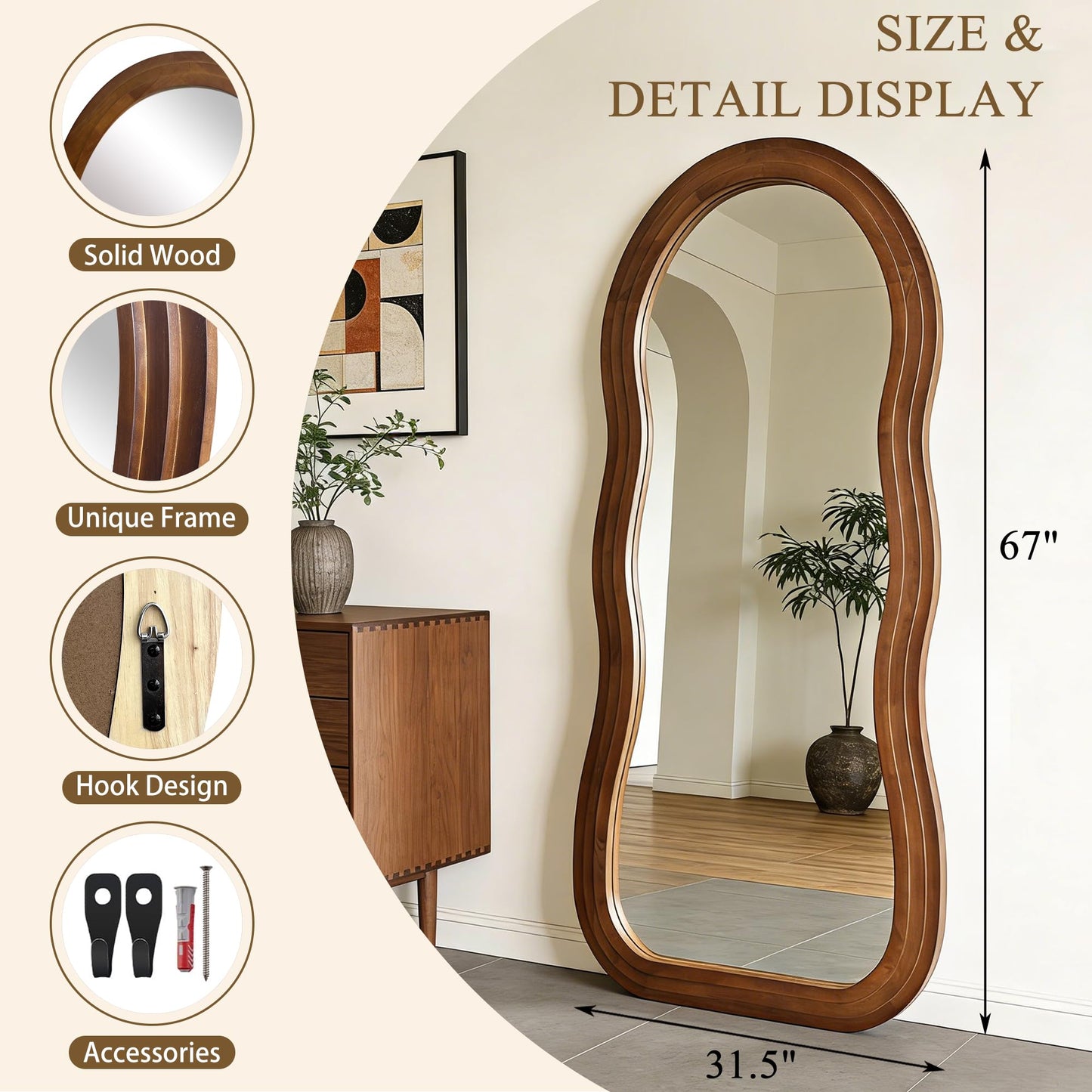 DAOYIJIAJU Wavy Full Length Mirror, 67"x31.5" Large Irregular Aesthetic Mirrors with Triple Layer Solid Wood Frame, Premium Organic Floor Mirror for Living Room Entryway Hallway, Leaning/Hanging