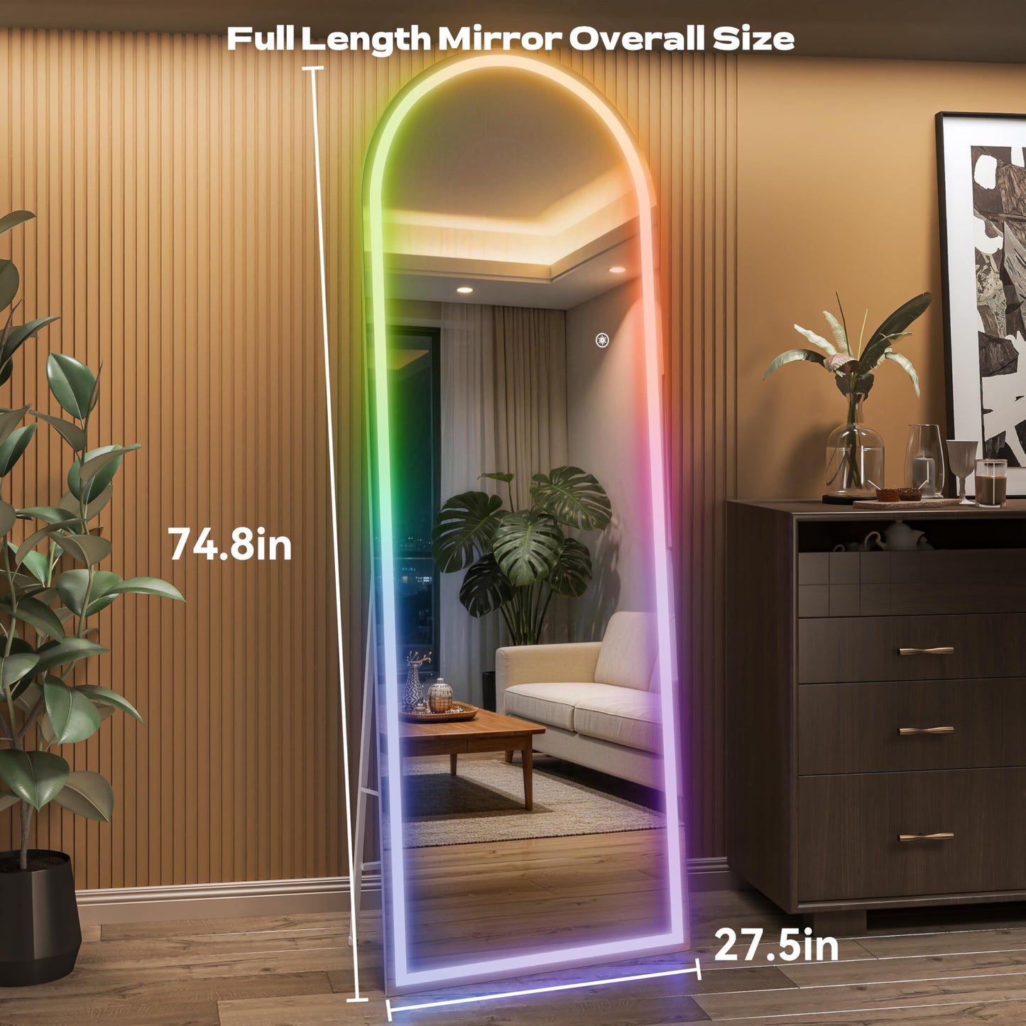 Hasipu Arch Full Length Mirror 75 x 28 in with Stand — Arch LED RGB Full Body Mirror, 7 Lighting Modes, Dimmable, Built‑in Bluetooth Speaker, White Frame for Bedroom Dressing Room