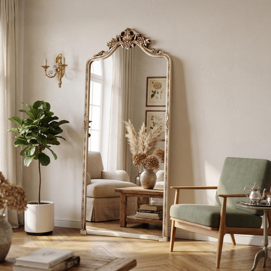 Riskioir Vintage Champagne Silver Arched Full Length Mirror, 32"x71" Traditional Ornate Baroque Floor Mirror with Carved, Home Decor for Bedroom Living Room Entryway Hallway