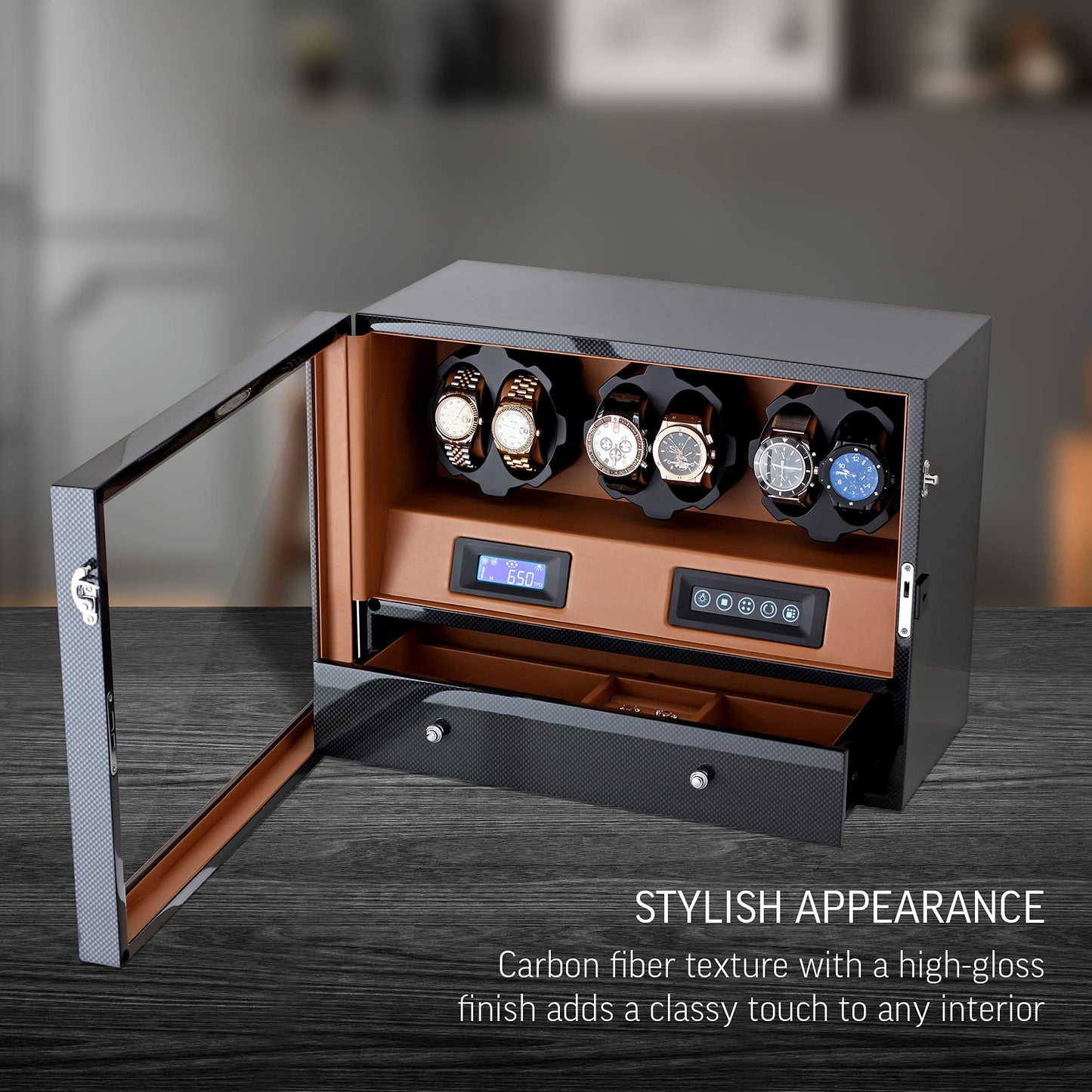 Automatic Watch Winder with 6 Storage Slots, LED Light and Automatic Motor-Stop Option