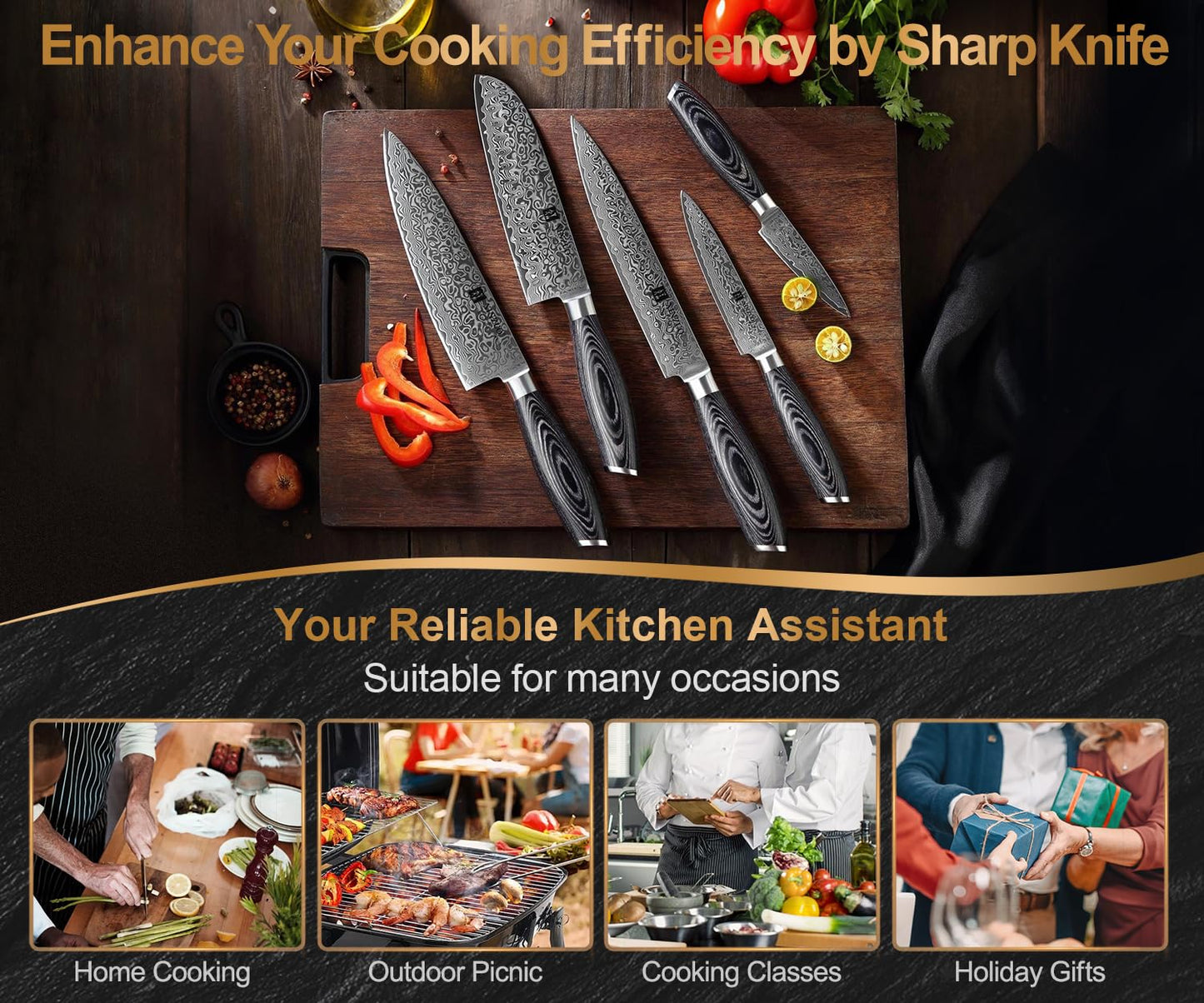 XINZUO 5-Piece Kitchen Knife,Super Sharp Damascus Steel Professional Chef Knife Set with Pakkawood Handle, Gift Box