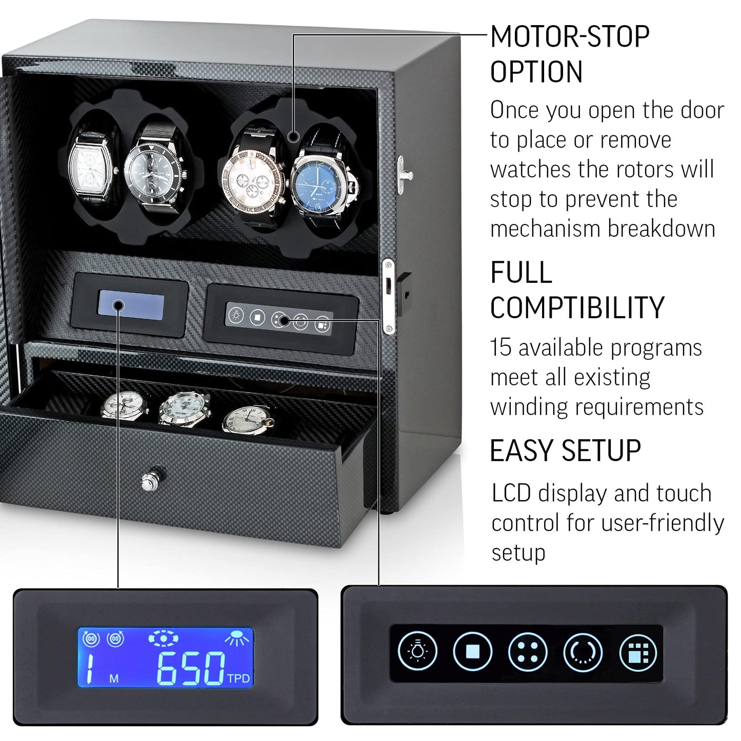 4 Watch Winder with 5 Watch Storage Space, LCD Display, Touch Control and Interior Light (Carbon + Black)