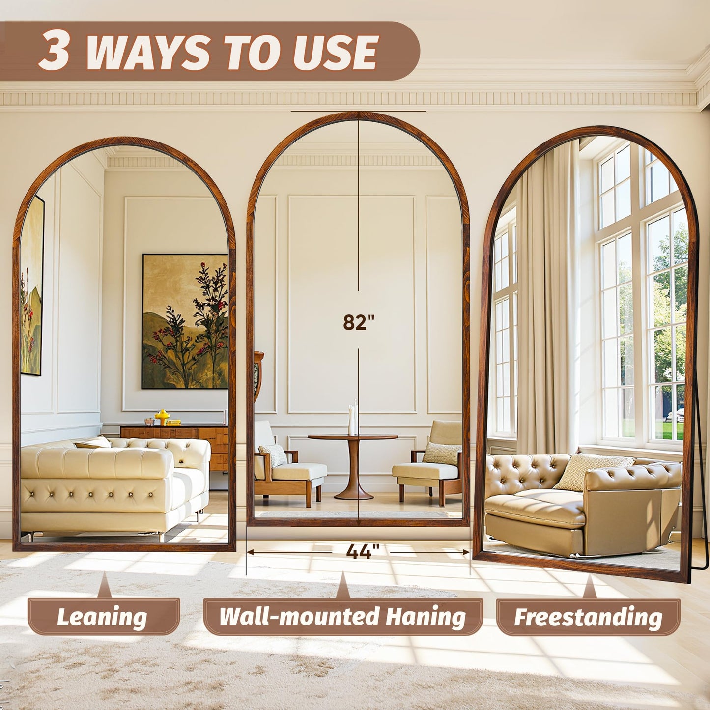 Full Length Mirror 82"×44" Floor Mirror Standing Tall Mirror, Arched Stand up Large Wall Mirrors, Freestanding Full Body Mirrors for Bedroom Living Room Wood Antique Style Walnut