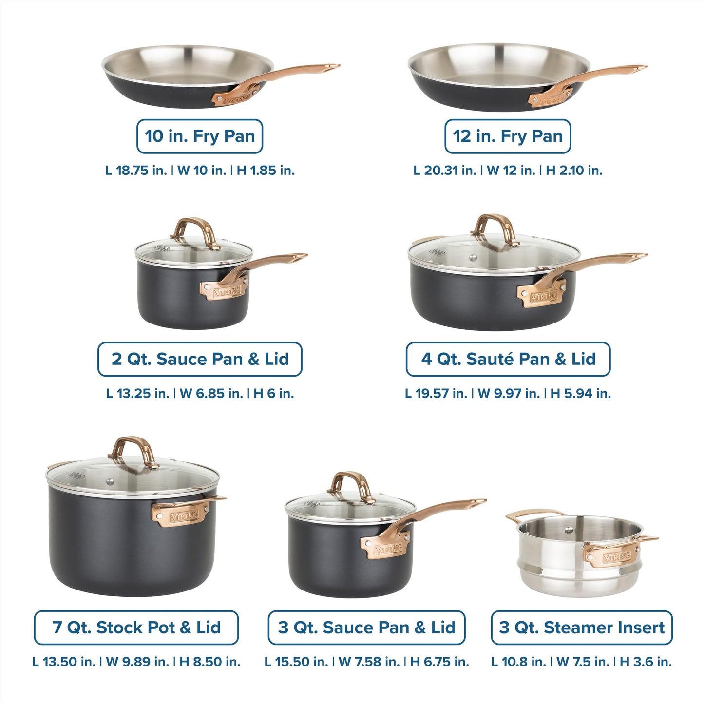 Viking 3 Ply Pots and Pans Set, 11 Piece Stainless Steel Kitchen Cookware with Glass Lids, Black with Copper
