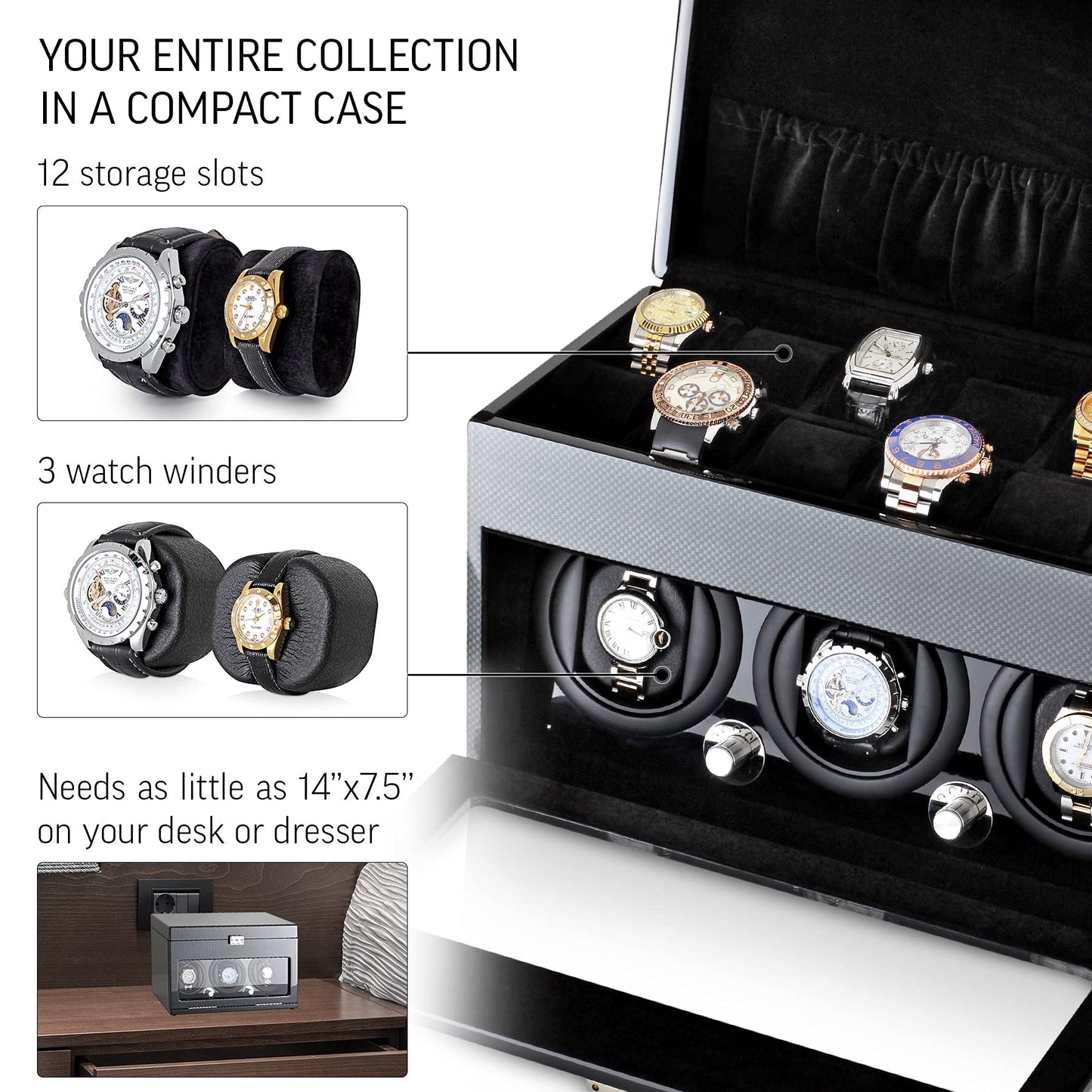 Watch Winder and Storage box for winding 3 Automatic Watches and 12 Watch Storage Space (Carbon + Black)