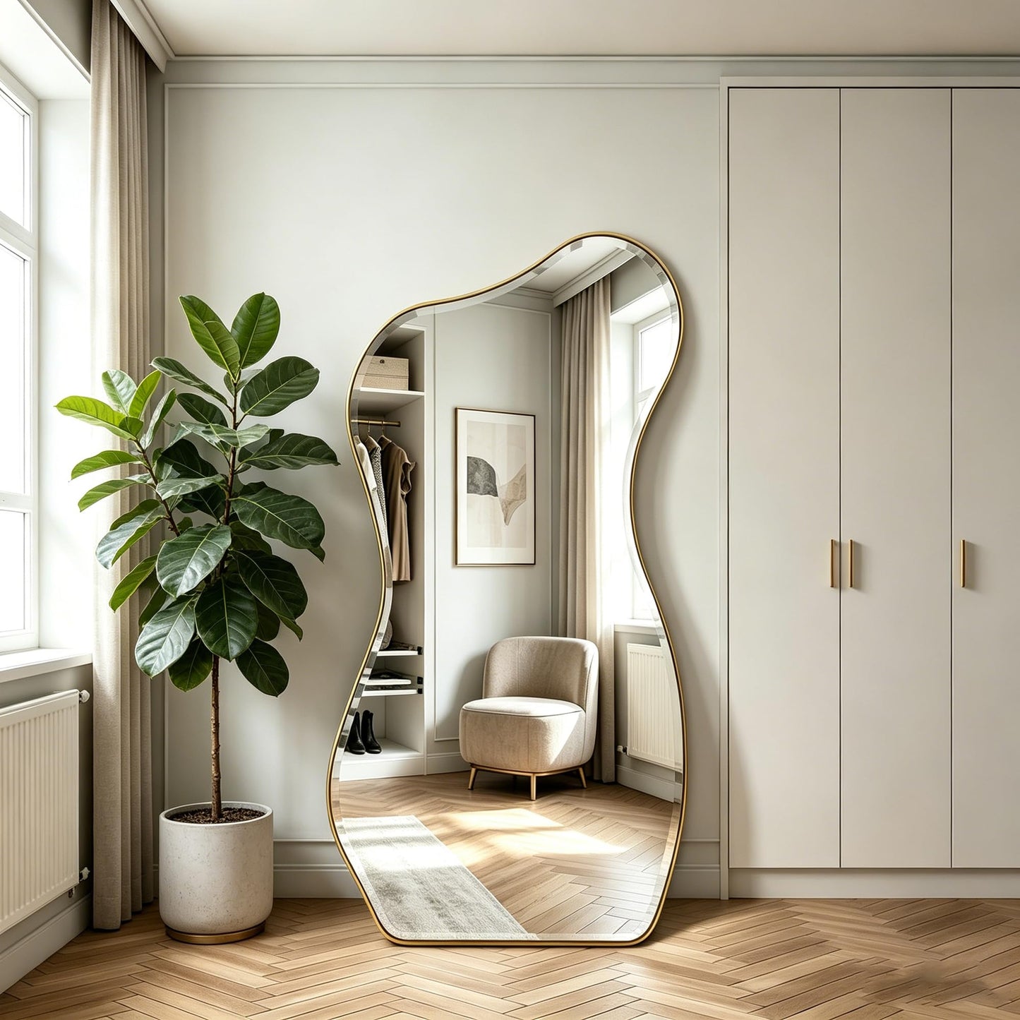 POZINO Irregular Beveled Mirror Full Length, 66.8"x33.5" Asymmetrical Aesthetic Wall Mirror with Metal Frame, Premium Organic Floor Mirrors for Living Room Entryway Cloakroom, Leaning/Wall-Mount