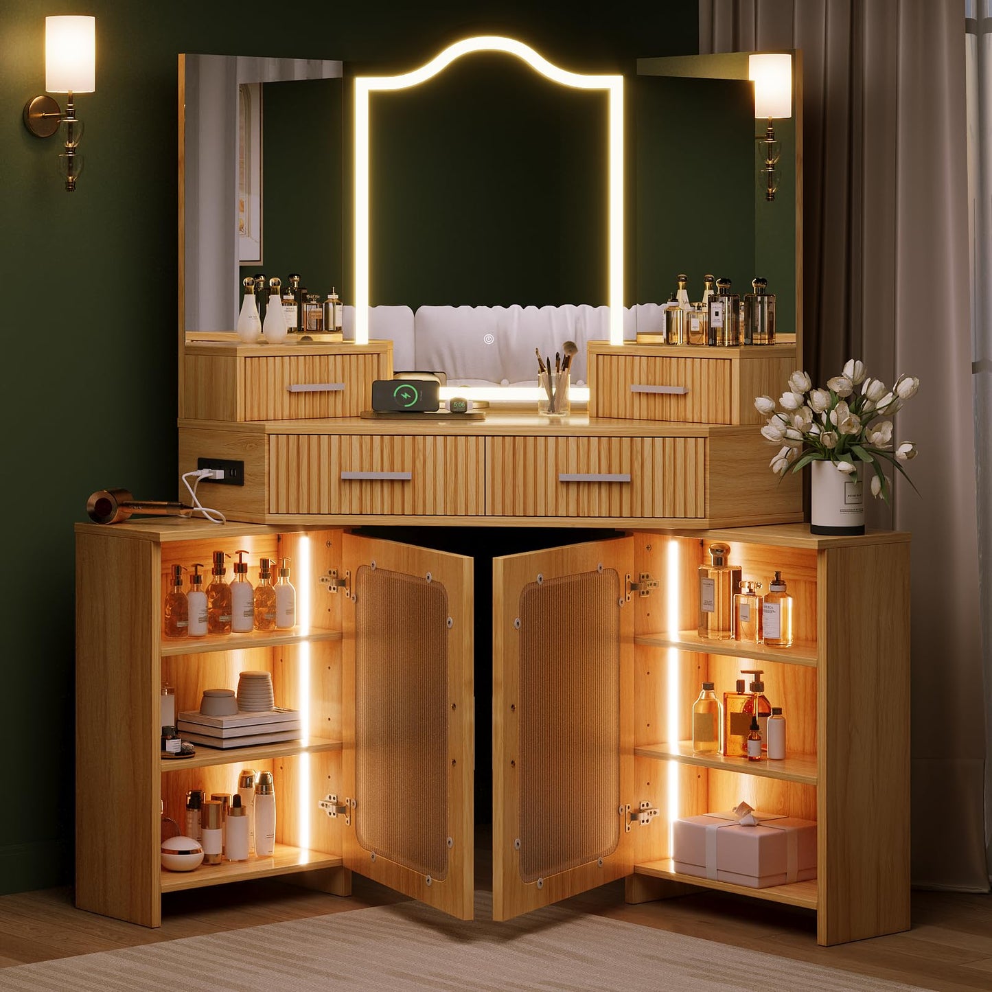 Corner Vanity with Mirror and Lights, Corner Makeup Vanity with 4 Drawers & 2 Cabinets, Vanity Set with Tri-Way Mirrors and Cushioned Stool, Big Vanities with Power Outlet Perfect for Bedroom, Oak