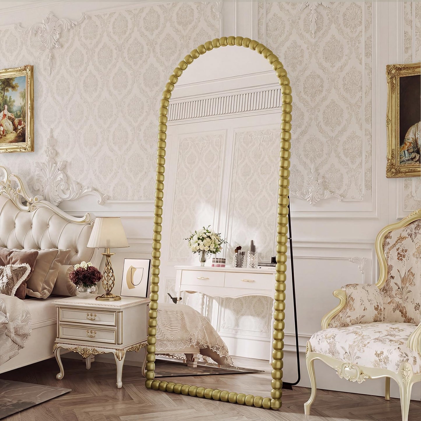 FlyEcho Arched Full Length Mirror, 71"x28" Antique Beaded Full Body Mirrors, Large Floor Mirror with Stand, Hanging Mounted for Bedroom Living Room Cloakroom Hallway Decor, PU Frame, Gold