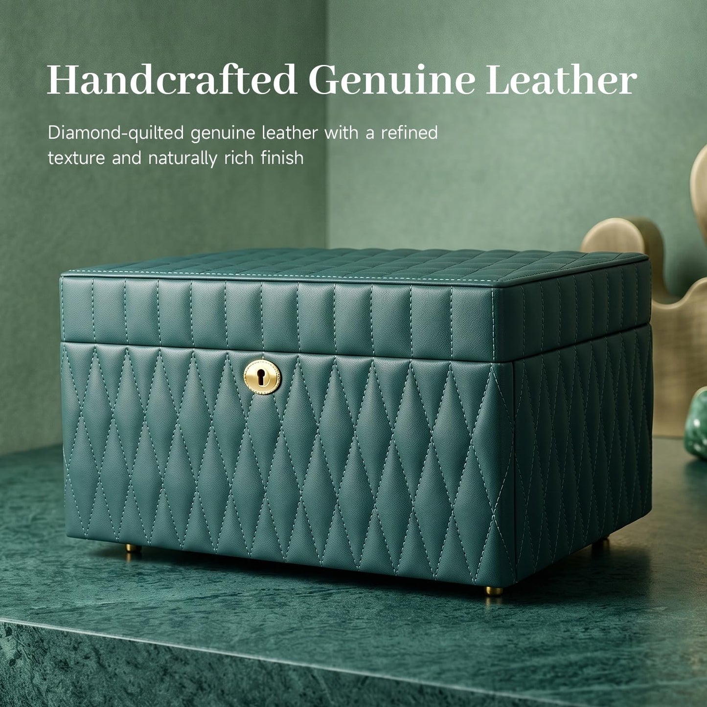 Homruilink Genuine Leather Jewelry Box – 3 Layer Large Jewelry Organizer with Mirror, Lockable Jewelry Box for Women – Necklace, Ring, Earring Organizer with Drawer - Ideal Gift (Green)