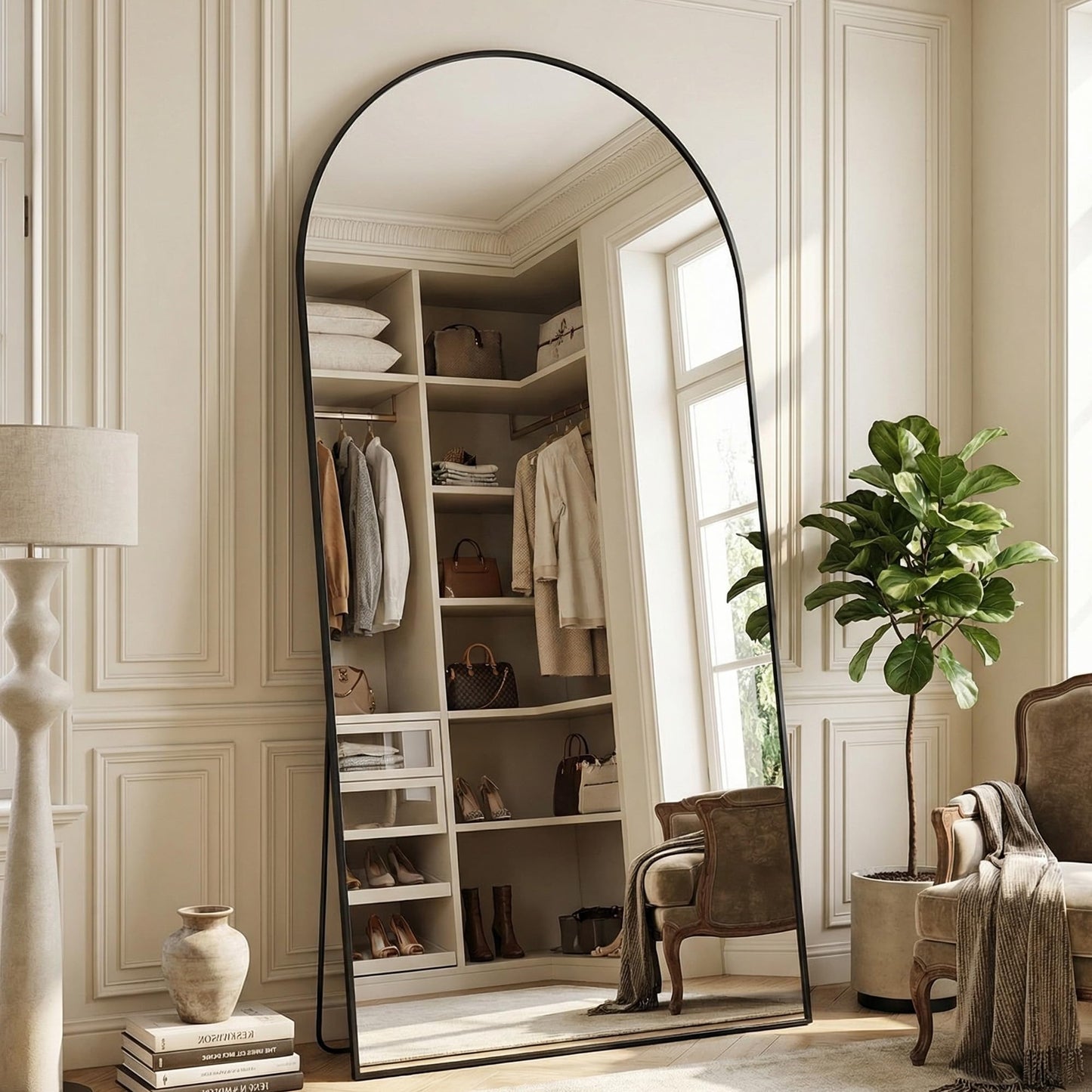 Suidia 88"x44" Arched Full Length Mirror with Stand, Full Body Mirror with Aluminum Frame, Freestanding/Leaning/Wall-Mounted, Floor Mirrors for Bedroom, Living Room, Entryway, Dressing Room, Black