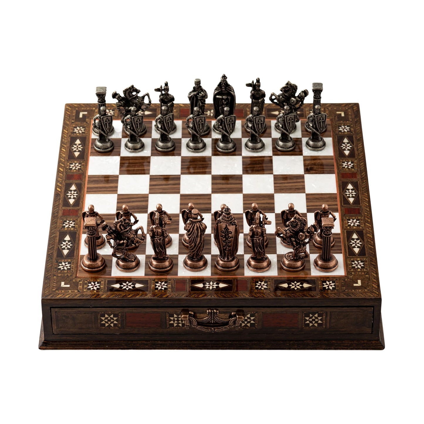 15’’ Handmade Walnut Wooden Chess Set – British Style Metal Chess Pieces – Luxury Storage Chess Board for Adults & Gift for Dad (Walnut)