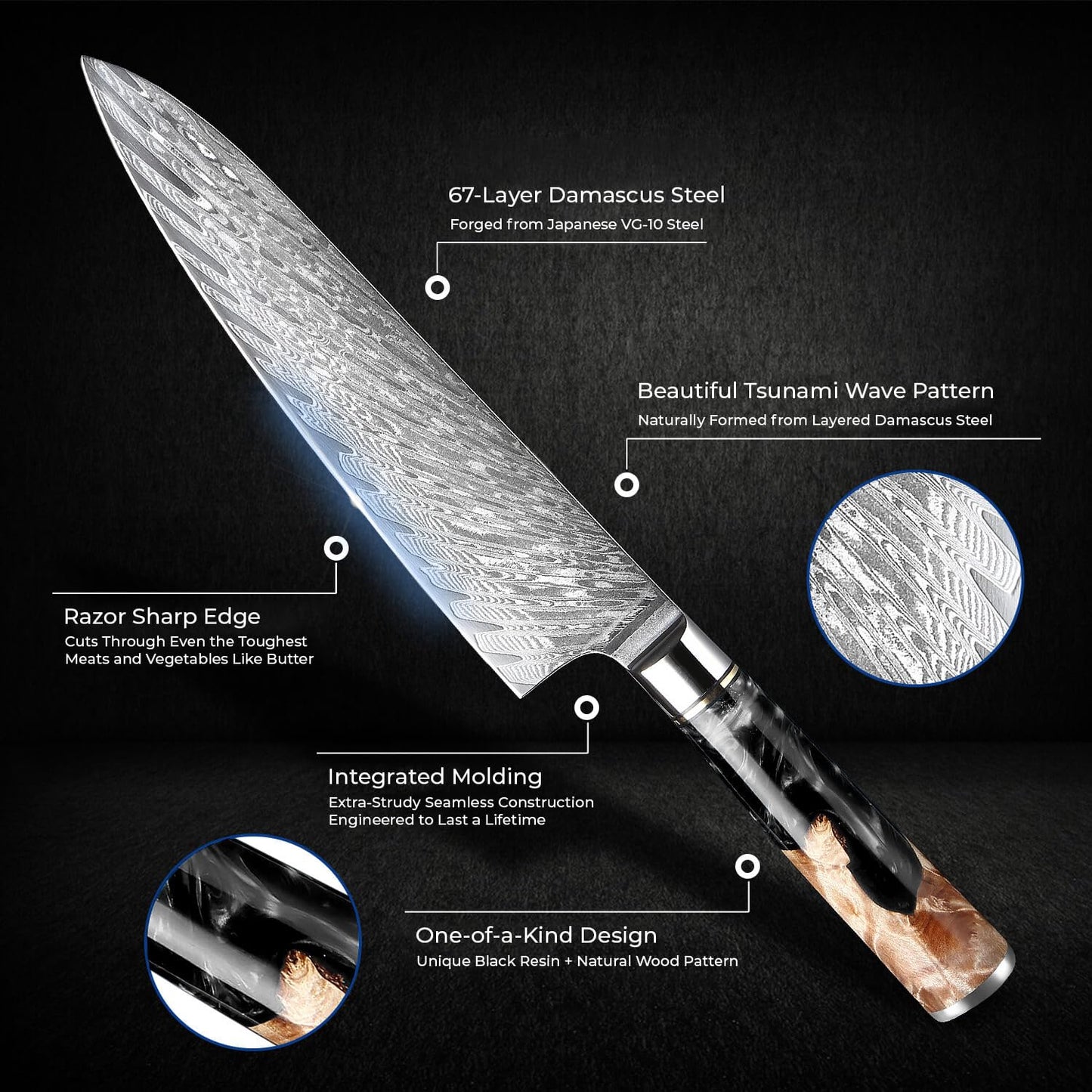 SENKEN 7-Piece Damascus Kitchen Knife Set - Tsunami Collection - 67-Layer Japanese VG10 Steel - Chef's Knife, Cleaver, Santoku, Bread, Boning, & More (Black Resin Blend)