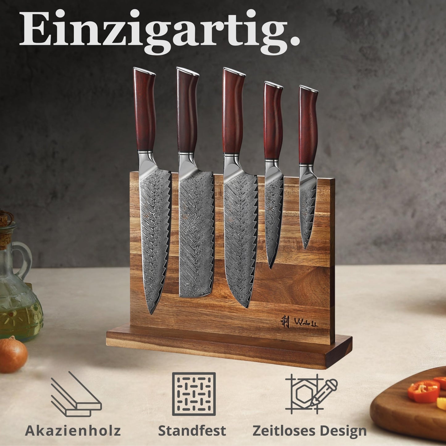 Wakoli Rose Elegance Knife Block Set – 5-Piece Professional Damascus Kitchen Knife Set with Magnetic Block – 67-Layer Damascus Steel with VG10 Core, Ergonomic Rosewood Handles in Gift Box