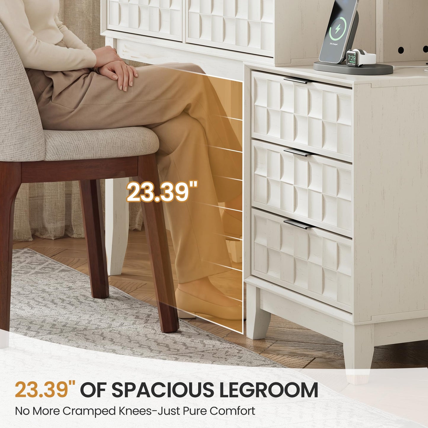 MALOL Vanity Desk, Checkerboard Wood 50" Dressing Table with 5 Drawers & 4 Storage Shelves, Large Glass Top Makeup Vanity with Built-in Power Strip with USB & Type-C, White Wood