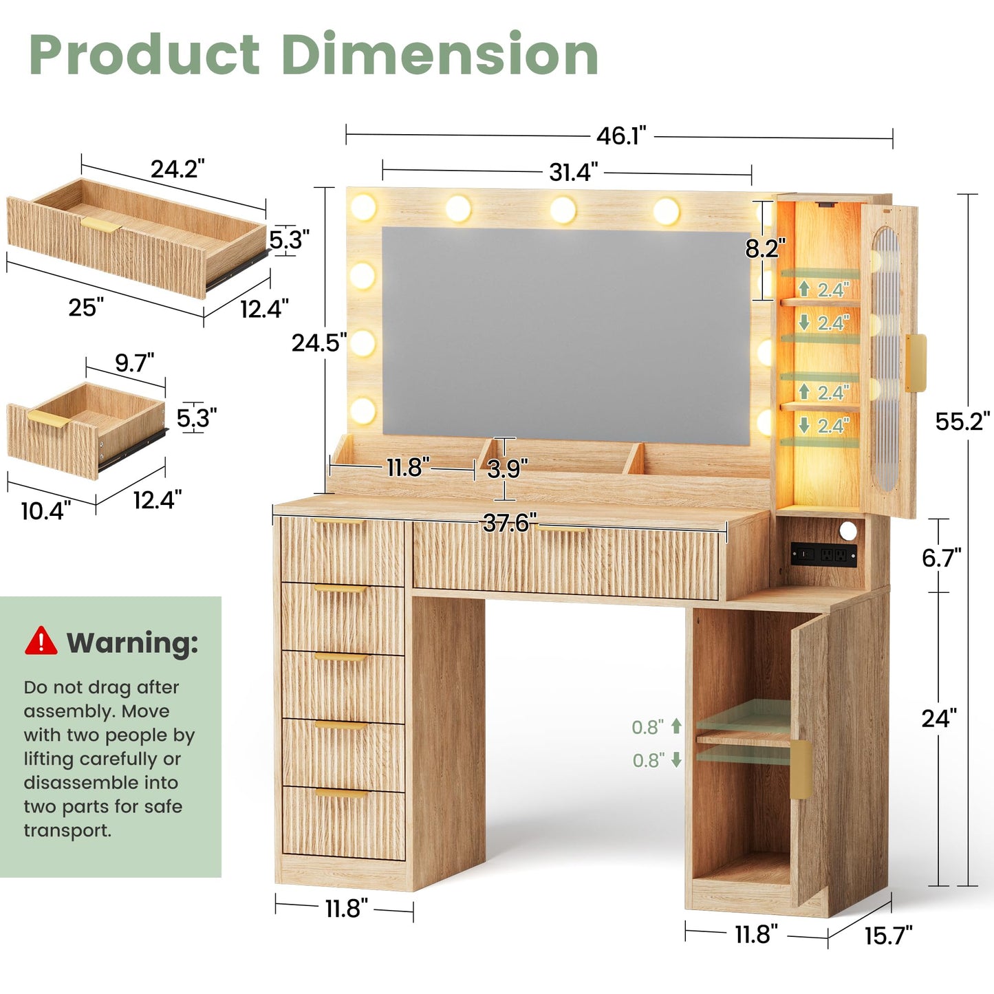 Fkhouse Fluted Makeup Vanity Desk with Large 31.4" Mirror and Sound Sync RGB Lights, Wood Vanity with 6 Drawers, 2 Cabinet & 3 Compartments, Charging Station, Bedroom Dressing Table, Natural Oak