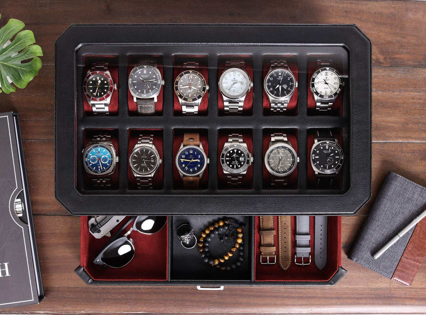 Gift Set 12 Slot Leather Watch Box with Valet Drawer & Matching Double Watch Winder - Luxury Case Display Organizer, Locking Mens Jewelry Watches Holder, Men's Storage Boxes Glass Top Black/Red