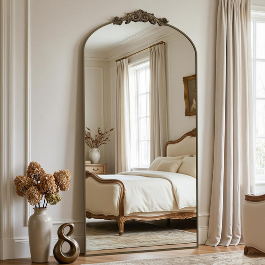 Furnbar Vintage Full Length Mirror,78"x38" Arched Antique Floor Mirror with Carved Metal Frame,Large Standing Wall Mounted or Leaning Mirror for Bedroom Living Room Entryway,Bronze