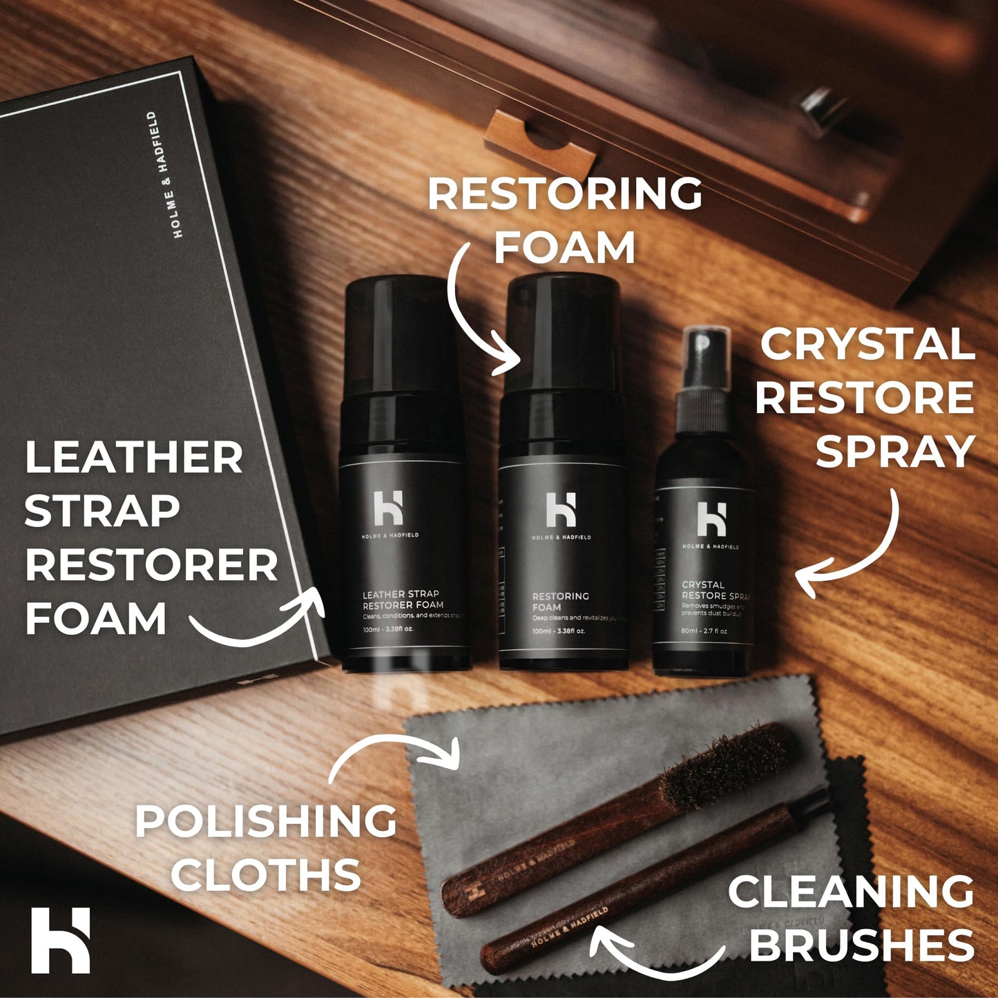 7 Slot Watch Box & Cleaning Kit Bundle – Large Wooden Watch Organizer Case + Full Watch Care Set (Crystal & Leather Care Restorer, Metal Cleaning Solution, Brushes, & Microfiber Cloth) | Gift for Men