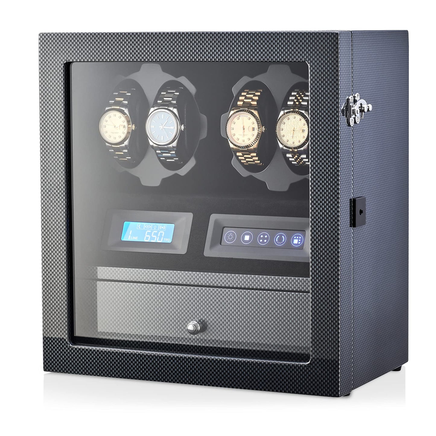 4 Watch Winder with 5 Watch Storage Space, LCD Display, Touch Control and Interior Light (Black + Black)