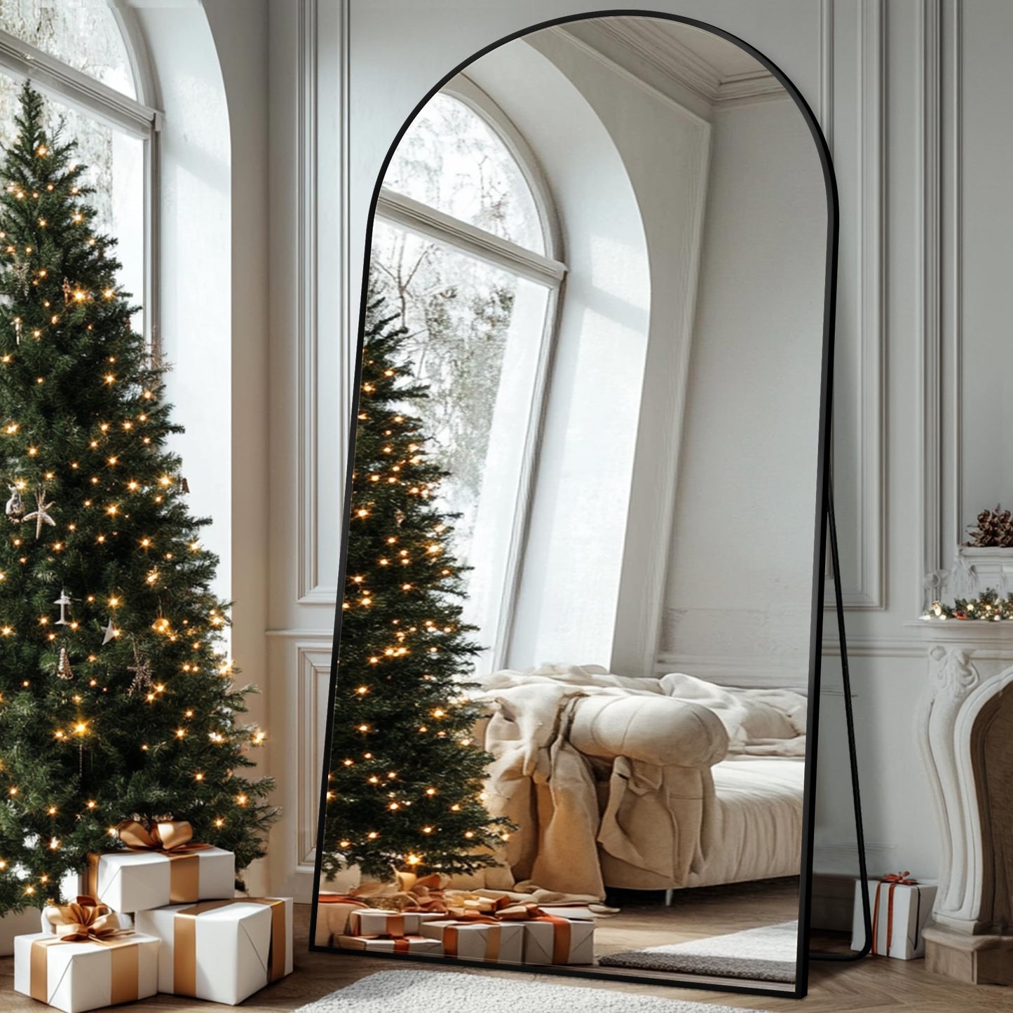 Antok Full Length Mirror, 44"x82" Floor Mirror with Stand, Hanging Mounted Mirrors for Bedroom, Living Room, Cloakroom, Dining Rooms, Black, Arched