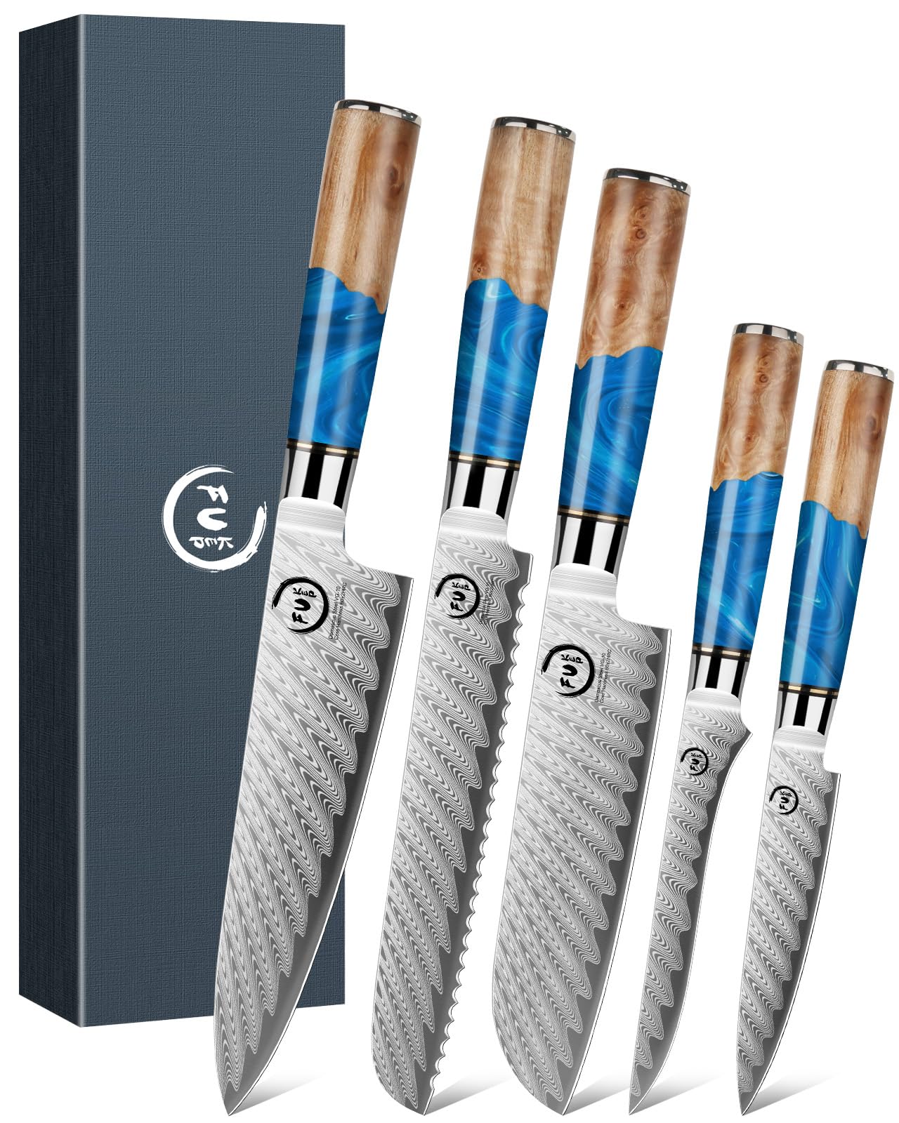 Fukep 5 Piece Damascus Knife Set, Professional Japanese Knife Set with Japanese VG 10 Steel Core, Blue Resin Handle, Includes Chef, Santoku, Bread, Boning & Paring Damascus Knives in Gift Box