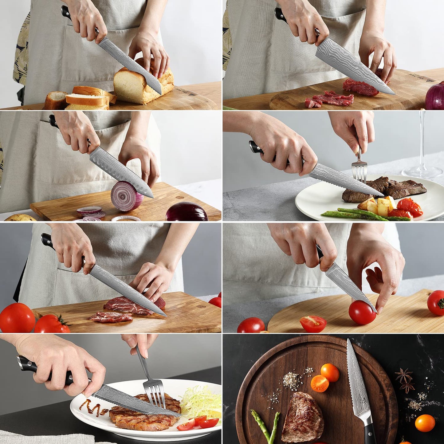 Damascus Kitchen Knife Set, 15-Piece Kitchen Knife Set with Block, ABS Ergonomic Handle for Chef Knife Set and Serrated Steak Knives Knife Sharpener and Kitchen Shears, 14 Slots Wooden Knife Block