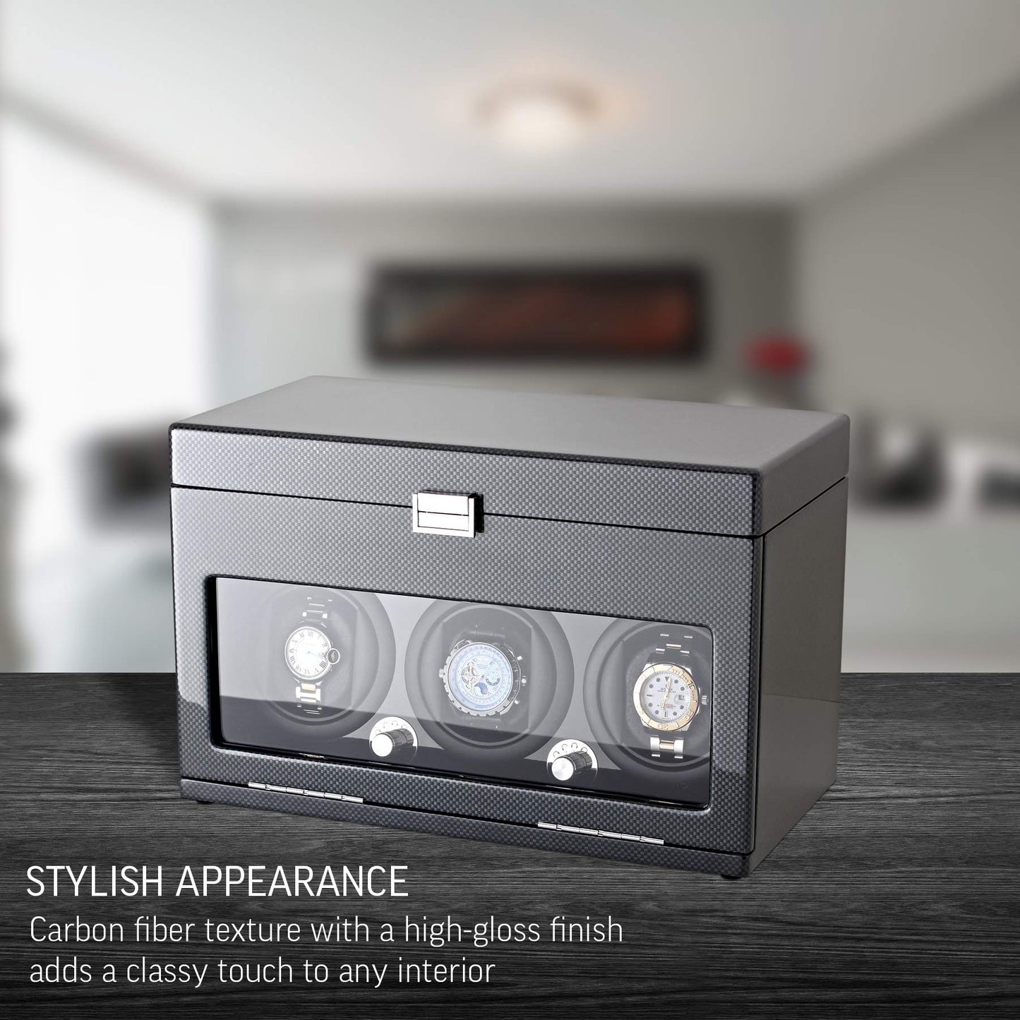 Watch Winder and Storage box for winding 3 Automatic Watches and 12 Watch Storage Space (Carbon + Black)