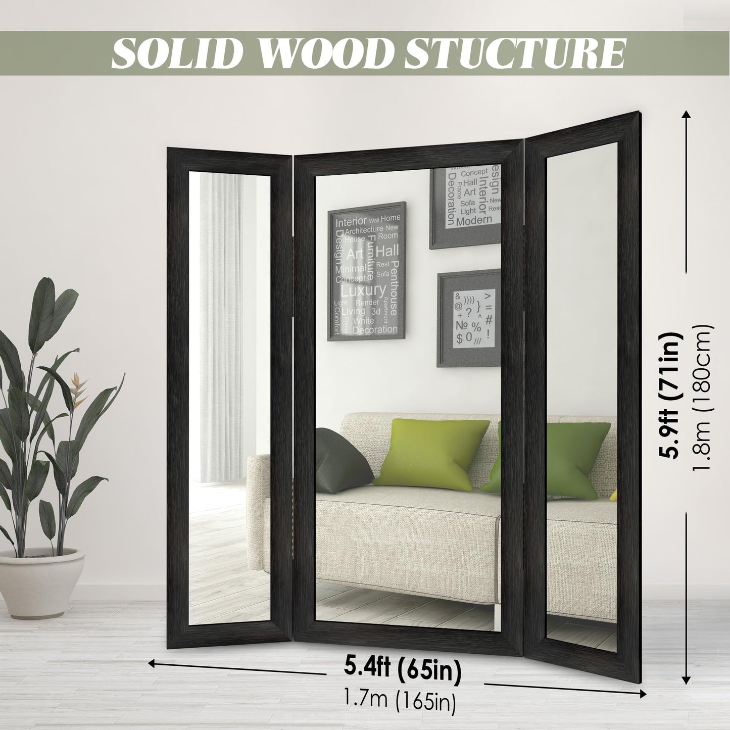 Houseables Trifold Mirror Full Length, 3 Way Mirror, Floor Length, Three Way Folding, Standing, Full Body, Wood Framed, 3 Sided for Bedroom, Makeup, Oversized, Foldable, Black, 71 x 32 to 65 Inch