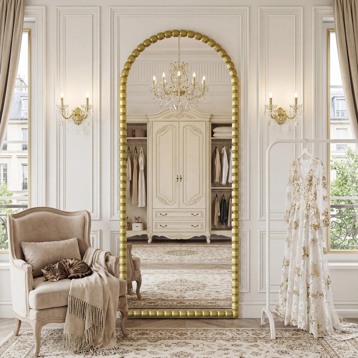 FlyEcho Arched Full Length Mirror, 71"x28" Antique Beaded Full Body Mirrors, Large Floor Mirror with Stand, Hanging Mounted for Bedroom Living Room Cloakroom Hallway Decor, PU Frame, Gold